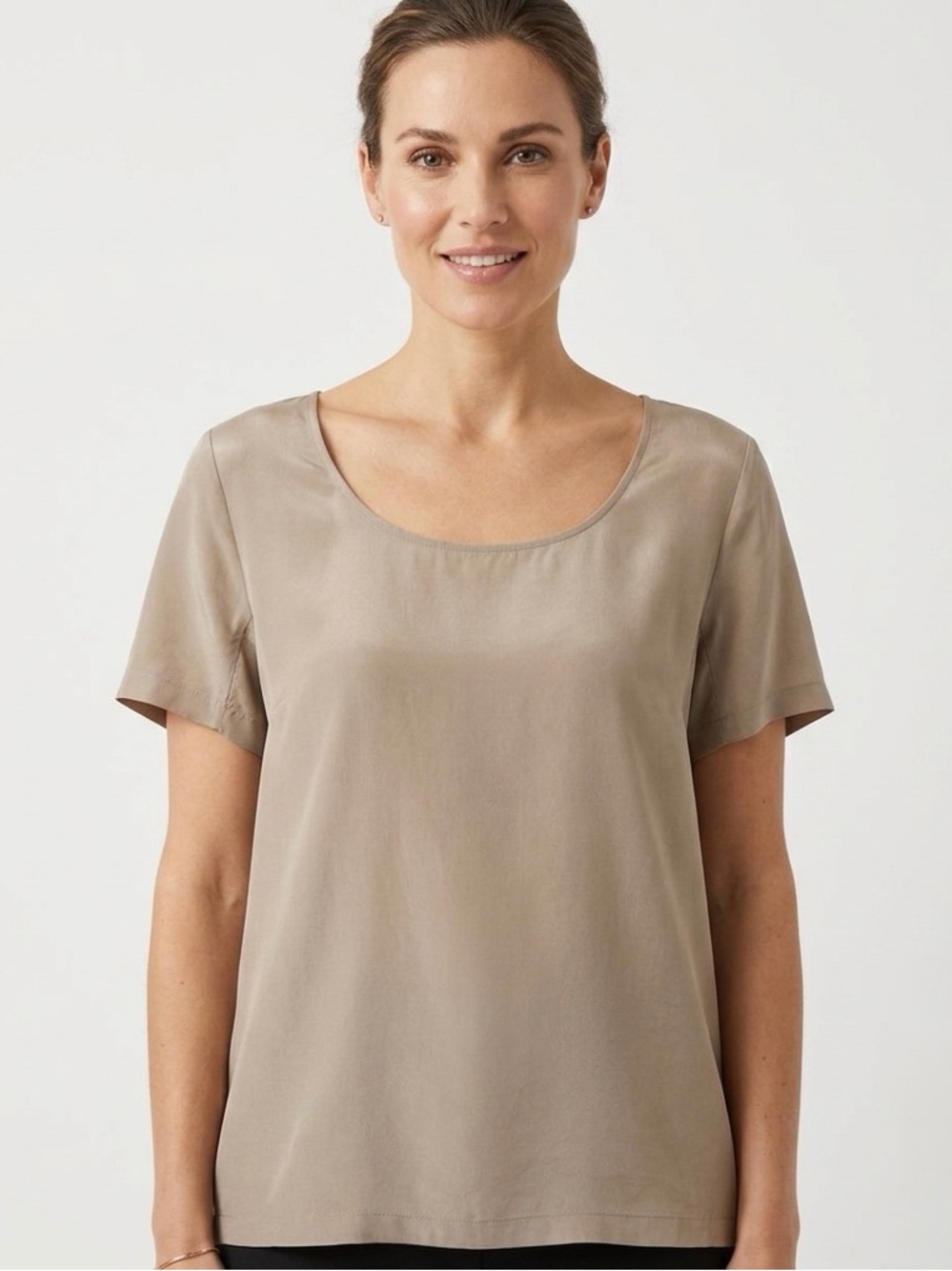 100% Silk Short Sleeve Scoop Neck Blouse - Taupe / Beige